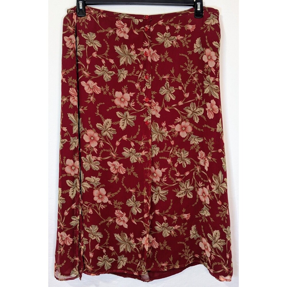Vintage 90's Leslie Fay Floral Skirt 24W Burgundy Button Front Midi Plus Size